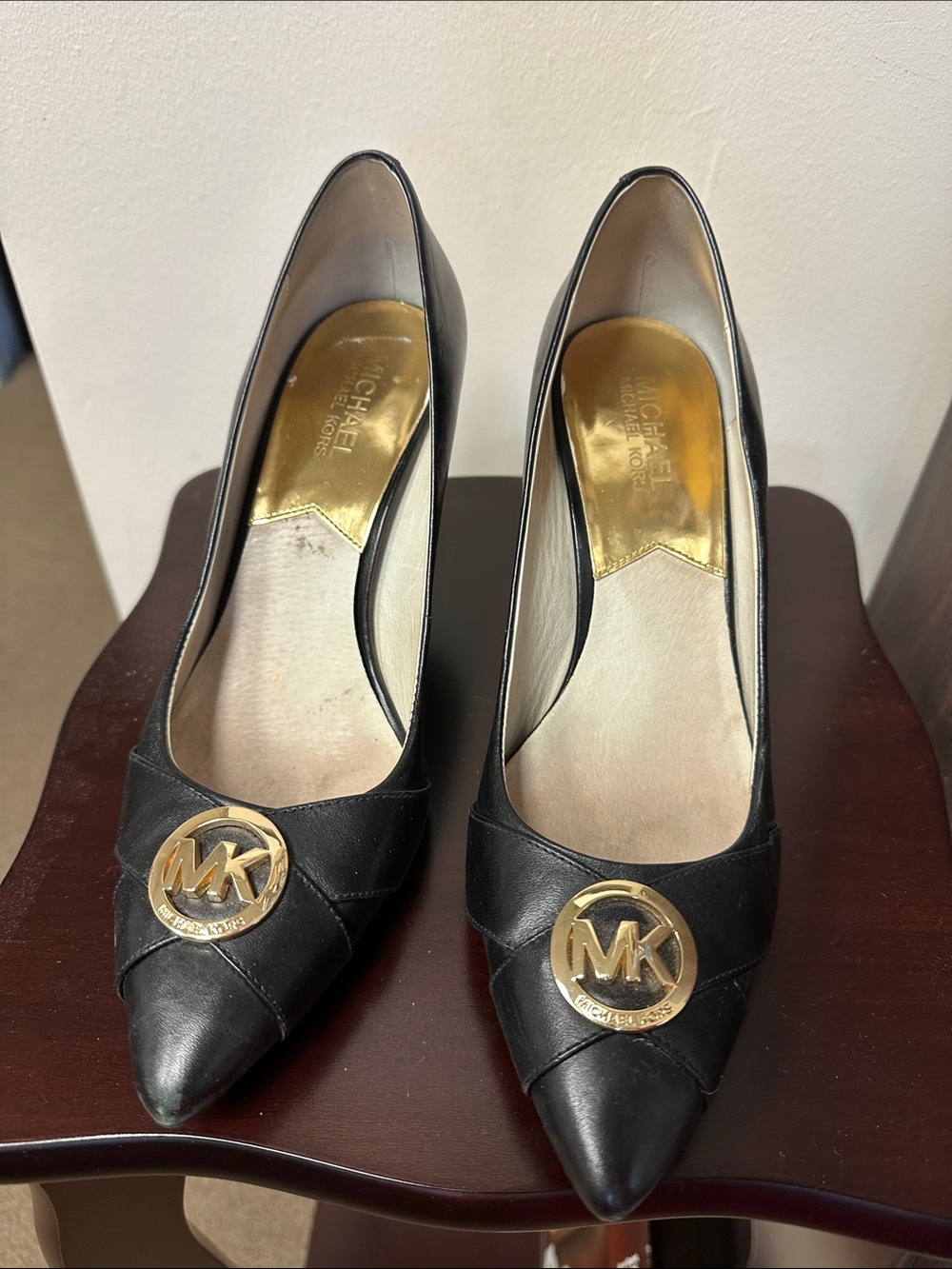 Michael Kors Black Leather Pointed-Toe Pumps with Gold MK Logo